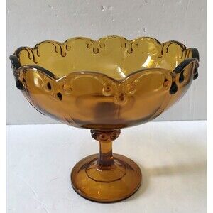 Vintage Amber Glass Pedestal Fruit Bowl 7 1/2" high x 8.2" wide Centerpiece